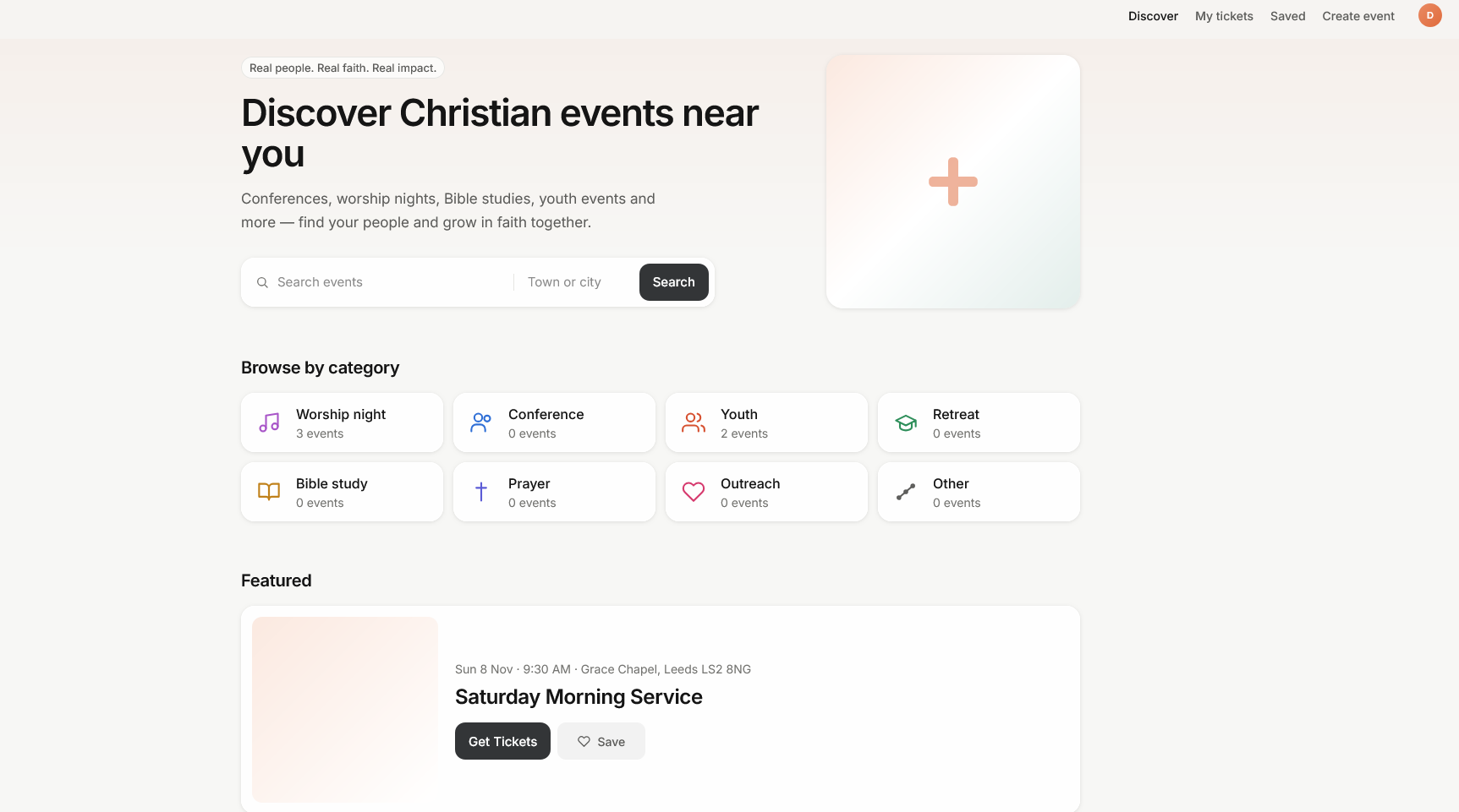 Discover page: search Christian events by town and browse by category