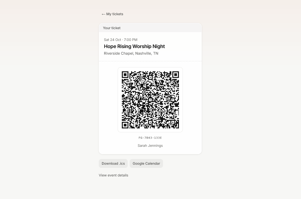 A digital ticket with a QR code for check-in